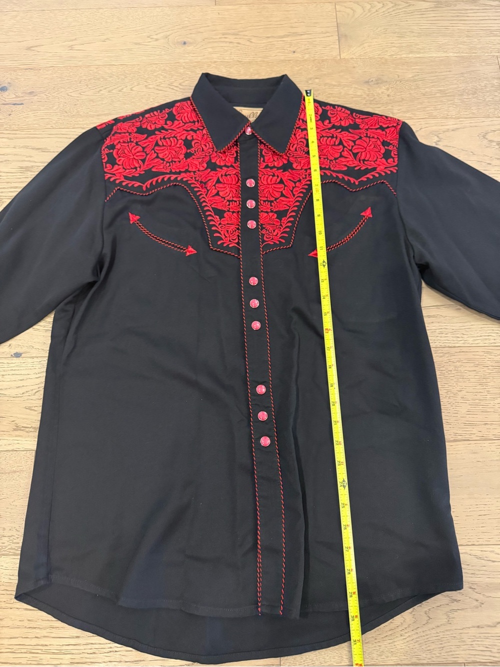 Scully Men’s Western Shirt Medium Black Red Floral Embroidered Pearl Snap - Picture 4 of 6